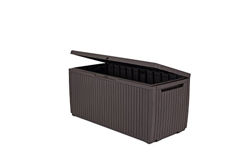 Keter Springwood 80 Gallon Resin Outdoor Storage Box for Patio Furniture Cushions, Pool Toys, and Garden Tools with Handles