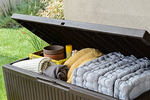 Keter Springwood 80 Gallon Resin Outdoor Storage Box for Patio Furniture Cushions, Pool Toys, and Garden Tools with Handles