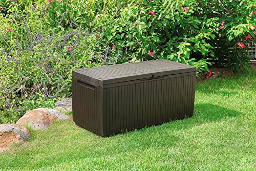 Keter Springwood 80 Gallon Resin Outdoor Storage Box for Patio Furniture Cushions, Pool Toys, and Garden Tools with Handles