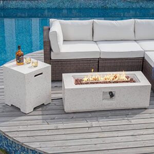 COSIEST 2-Piece Outdoor Propane Fire Pit Table Set w Tank Table, 42-inch Terrazzo Rectangle Fire Table (50,000 BTU) w 16 inches Tank Cover Side Table 20lb, Waterproof Cover for Garden, Pool, Backyard