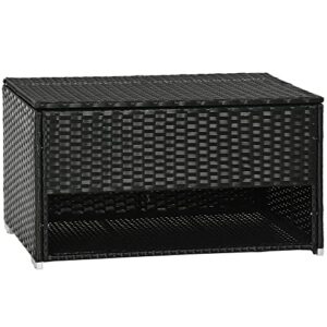 outsunny outdoor deck box & waterproof shoe storage, pe rattan wicker towel rack with liner for indoor, outdoor, patio furniture cushions, pool, toys, garden tools, black