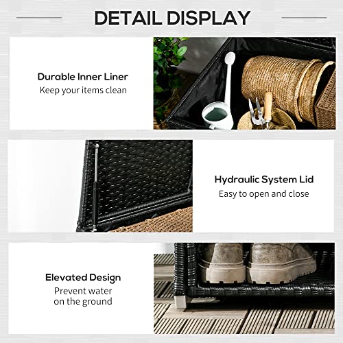 Outsunny Outdoor Deck Box & Waterproof Shoe Storage, PE Rattan Wicker Towel Rack with Liner for Indoor, Outdoor, Patio Furniture Cushions, Pool, Toys, Garden Tools, Black