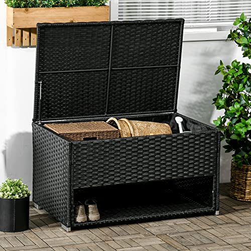 Outsunny Outdoor Deck Box & Waterproof Shoe Storage, PE Rattan Wicker Towel Rack with Liner for Indoor, Outdoor, Patio Furniture Cushions, Pool, Toys, Garden Tools, Black