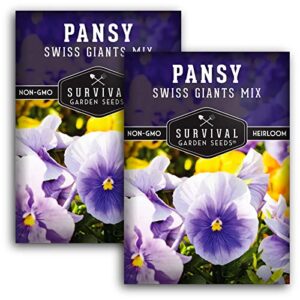 survival garden seeds – swiss giant mix pansy seed for planting – 2 packs with instructions to plant and grow beautiful and edible pansies in your home vegetable garden – non-gmo heirloom variety