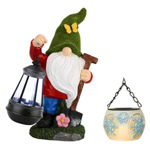 mrsivrop flocked garden gnomes decorations for yard with 2 lantern solar lights, 11″ large cute garden sculptures & statues outdoor figurine lawn ornament garden gifts decor for outside patio