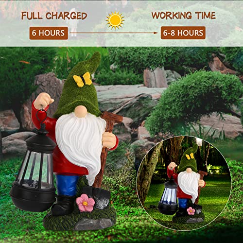 Mrsivrop Flocked Garden Gnomes Decorations for Yard with 2 Lantern Solar Lights, 11" Large Cute Garden Sculptures & Statues Outdoor Figurine Lawn Ornament Garden Gifts Decor for Outside Patio