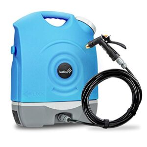 ivation multipurpose portable spray washer w/water tank – built in rechargeable 2200 mah lithium battery and 12v car plug – metal trigger guns, shower & brush heads and flexible hose