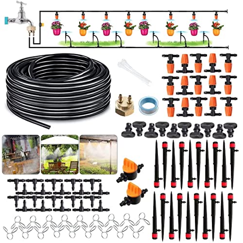 2023 New Upgrade Drip Irrigation Kit, 66FT/20M Garden Watering System, Greenhouse Patio Automatic Irrigation Kits with Double-way Brass Threaded Connector & 2PCS Switch Valve for Easy Install Control - 1/4 inch Tube