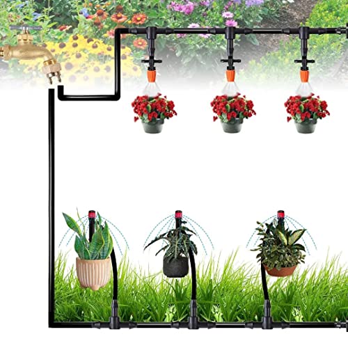 2023 New Upgrade Drip Irrigation Kit, 66FT/20M Garden Watering System, Greenhouse Patio Automatic Irrigation Kits with Double-way Brass Threaded Connector & 2PCS Switch Valve for Easy Install Control - 1/4 inch Tube