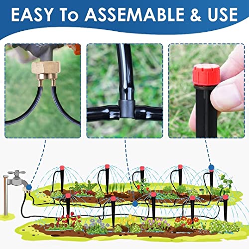 2023 New Upgrade Drip Irrigation Kit, 66FT/20M Garden Watering System, Greenhouse Patio Automatic Irrigation Kits with Double-way Brass Threaded Connector & 2PCS Switch Valve for Easy Install Control - 1/4 inch Tube