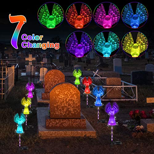 ROSRAN Solar Angel Light Grave Decorations for Cemetery Solar Garden Stake Lights Solar Garden Angel Lights Decoration Memorial Gifts for Grave Cemetery Angel Sympathy Gifts Angel Fiber Optic Lights