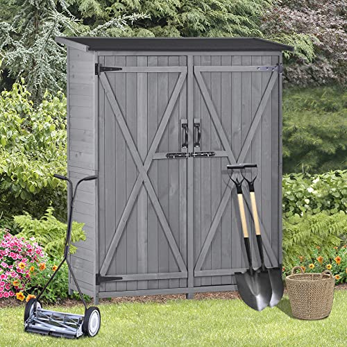 LUMISOL Outdoor Storage Cabinet, Wooden Garden Shed with Removable Shelves, Waterproof Asphalt Roof, Adjustable Legs, Tool Shed with Lockable Doors for Backyard, Patio, Lawn (Gray)