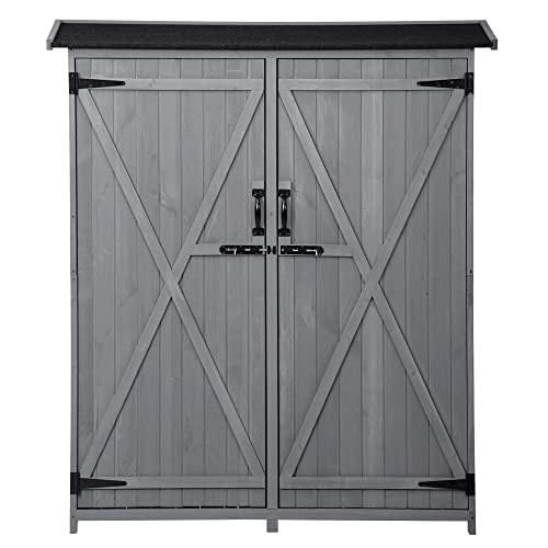 LUMISOL Outdoor Storage Cabinet, Wooden Garden Shed with Removable Shelves, Waterproof Asphalt Roof, Adjustable Legs, Tool Shed with Lockable Doors for Backyard, Patio, Lawn (Gray)