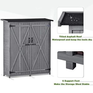 LUMISOL Outdoor Storage Cabinet, Wooden Garden Shed with Removable Shelves, Waterproof Asphalt Roof, Adjustable Legs, Tool Shed with Lockable Doors for Backyard, Patio, Lawn (Gray)