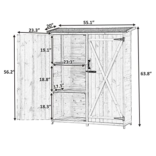 LUMISOL Outdoor Storage Cabinet, Wooden Garden Shed with Removable Shelves, Waterproof Asphalt Roof, Adjustable Legs, Tool Shed with Lockable Doors for Backyard, Patio, Lawn (Gray)