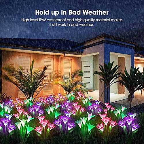 Dolucky Outdoor Solar Lights Garden Decorative, 4 Pack Solar Garden Lights with 16 Bigger Lily Solar Flowers, Multicolor Changing LED Solar Garden Lights for Patio Lawn Garden Yard Decoration