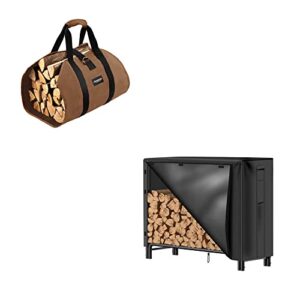 Amagabeli 5ft Firewood Log Rack with Cover Combo Set Waterproof Outdoor Log Holder Fireplace Carrier Waxed Firewood Canvas Log Carrier Tote Bag Outdoor