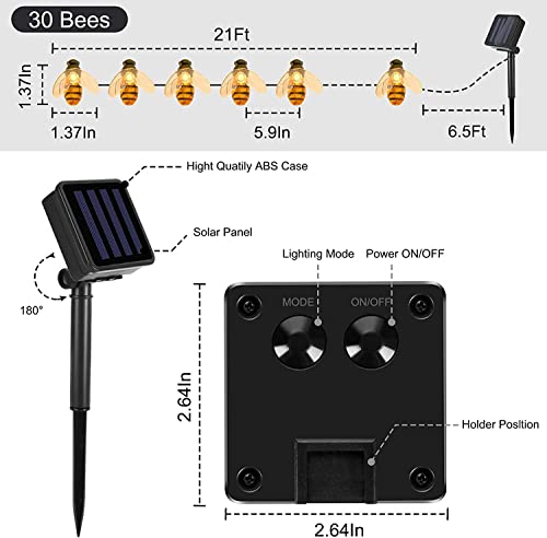 AIDDOMM 2 Pack Solar Bee String Lights - Each 27.5 ft of 30 LED Solar Fairy Lights, Cute Bee String Lights Outdoor Waterproof, for Outside Garden Bee Decoration, Patio, Party, 2 Modes