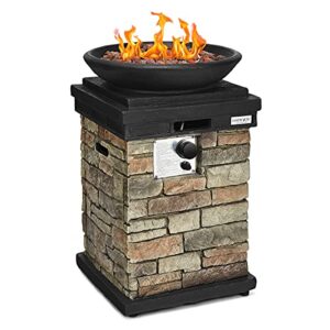 coouright outdoor propane fire bowl column, 30” stone look gas burner stove w/ rain cover lava rock, 40,000 btu tall gas burning fire pit table for patio garden outside, csa/etl approved (natural)