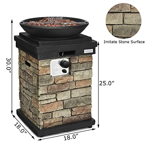 COOURIGHT Outdoor Propane Fire Bowl Column, 30” Stone Look Gas Burner Stove w/ Rain Cover Lava Rock, 40,000 BTU Tall Gas Burning Fire Pit Table for Patio Garden Outside, CSA/ETL Approved (Natural)