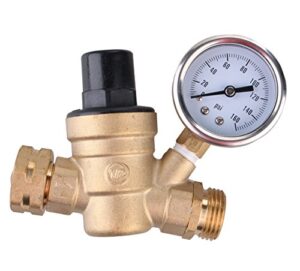 water pressure regulator, brass lead-free adjustable rv water pressure reducer with guage and inlet screened filter, 160 psi gauge, by kepooman (gauge)