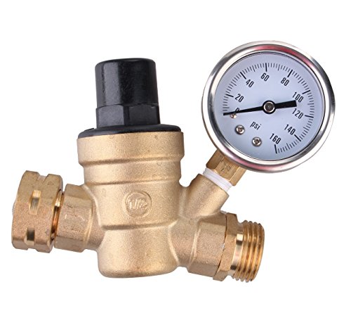 Water Pressure Regulator, Brass Lead-free Adjustable RV Water Pressure Reducer with Guage and Inlet Screened Filter, 160 PSI Gauge, By Kepooman (Gauge)