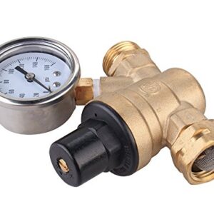 Water Pressure Regulator, Brass Lead-free Adjustable RV Water Pressure Reducer with Guage and Inlet Screened Filter, 160 PSI Gauge, By Kepooman (Gauge)