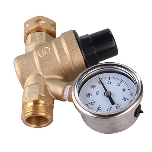 Water Pressure Regulator, Brass Lead-free Adjustable RV Water Pressure Reducer with Guage and Inlet Screened Filter, 160 PSI Gauge, By Kepooman (Gauge)