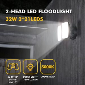 LUTEC 2 Packs LED 3500 Lumen 32W 5000K Integrated Dual-Head Floodlight Outdoor Dusk to Dawn Waterproof Exterior Security Wall Light for Patio Garden Yard-Black…