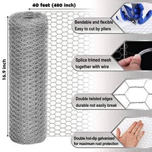 Chicken Wire Fencing Mesh, 16.9 Inch x 40 Feet Metal Floral Chicken Wire Fence for Crafts Poultry Garden, 0.6 Inch Hexagonal Galvanized Hardware Cloth Netting for Chicken Coop Barrier Rabbit Cage