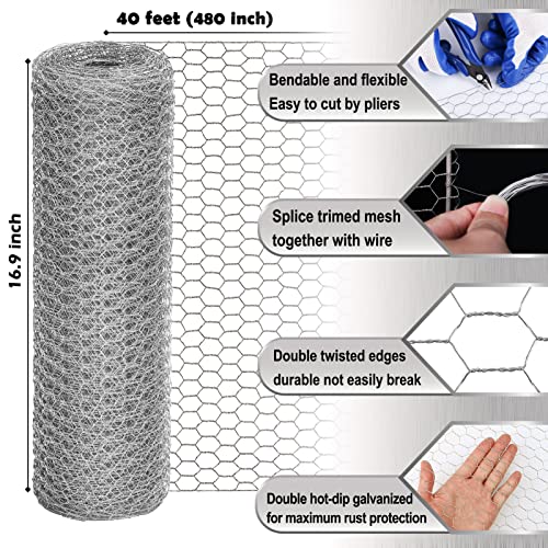 Chicken Wire Fencing Mesh, 16.9 Inch x 40 Feet Metal Floral Chicken Wire Fence for Crafts Poultry Garden, 0.6 Inch Hexagonal Galvanized Hardware Cloth Netting for Chicken Coop Barrier Rabbit Cage