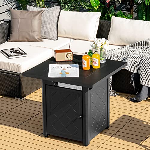 Renatone 28” Outdoor Fire Pit Table, 50,000 BTU Auto-Ignition Propane Fire Pit Table w/ Lid, CSA Certification, 2-in-1 Gas Firepit Table for Patio, Garden, Black