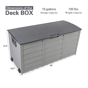 75 Gallon Resin Outdoor Storage Deck Box Waterproof Patio Storage Box Organization with Wheels for Patio Furniture,Outdoor Cushions,Garden and Pool Supplies, Lockable (Grey)