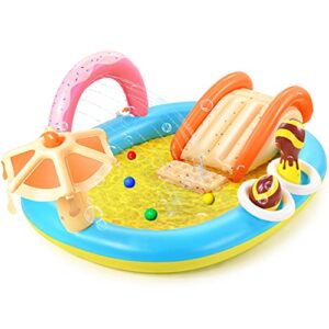 inflatable play center, hesung 98” x 67” x 32” kiddie pool, summer inflatable pool with slide for garden, backyard water park, fountain arch, extra thick, easy set up for ages 2+ toddlers