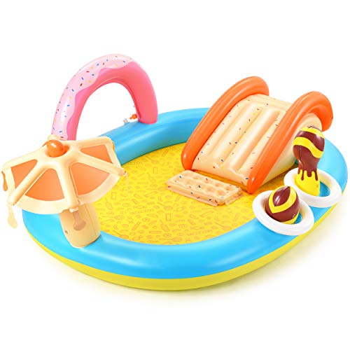 Inflatable Play Center, Hesung 98'' x 67'' x 32'' Kiddie Pool, Summer Inflatable Pool with Slide for Garden, Backyard Water Park, Fountain Arch, Extra Thick, Easy Set up for Ages 2+ Toddlers