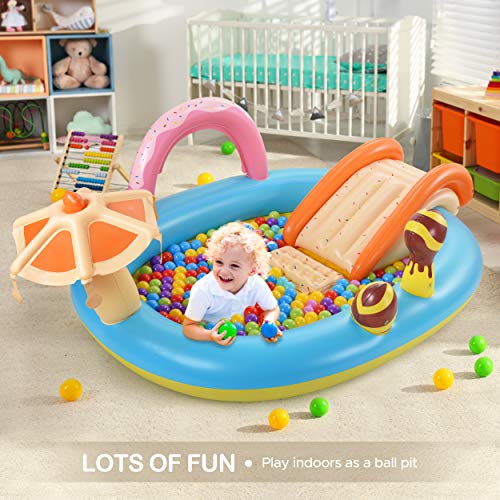 Inflatable Play Center, Hesung 98'' x 67'' x 32'' Kiddie Pool, Summer Inflatable Pool with Slide for Garden, Backyard Water Park, Fountain Arch, Extra Thick, Easy Set up for Ages 2+ Toddlers