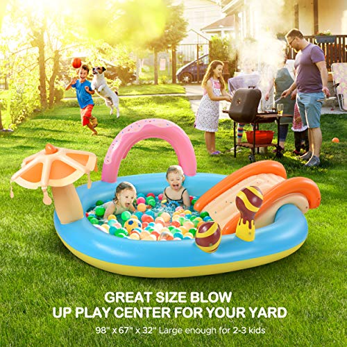 Inflatable Play Center, Hesung 98'' x 67'' x 32'' Kiddie Pool, Summer Inflatable Pool with Slide for Garden, Backyard Water Park, Fountain Arch, Extra Thick, Easy Set up for Ages 2+ Toddlers