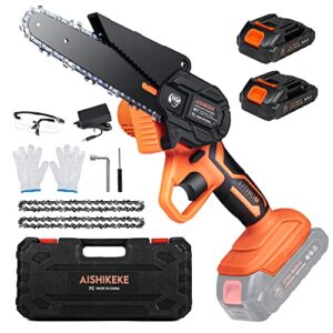 mini chainsaw 6-inch with 2pc rechargeable battery, cordless electric handheld chainsaw battery powered with 2 chains, aishikeke 1.82lb small power chain saw for tree trimming branch