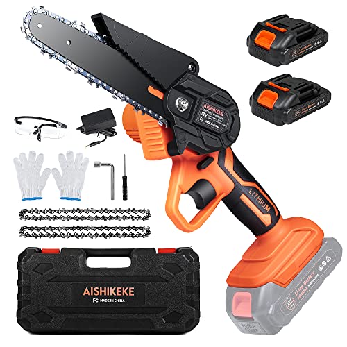 Mini Chainsaw 6-Inch with 2PC Rechargeable Battery, Cordless Electric Handheld Chainsaw Battery Powered with 2 Chains, AISHIKEKE 1.82LB Small Power Chain Saw for Tree Trimming Branch