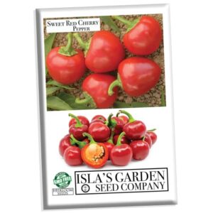 sweet red cherry pepper seeds for planting, 25+ heirloom seeds per packet, (isla’s garden seeds), non gmo seeds, botanical name: capsicum annuum, great home garden gift
