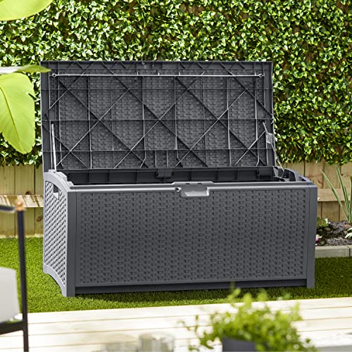 Suncast 73 Gallon Medium Resin Wicker Indoor/Outdoor Storage Box for Garden Tools, Pool Accessories, and Patio Cushions, Cyberspace