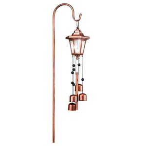 collections etc solar copper-colored lantern on shepherd’s hook with bells wind chime, beautiful light for entryway or pathway