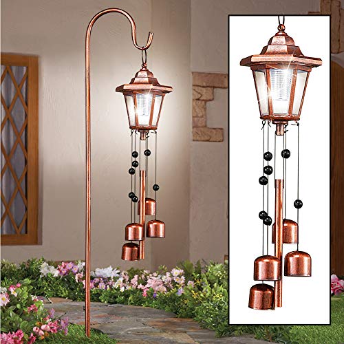 Collections Etc Solar Copper-Colored Lantern on Shepherd's Hook with Bells Wind Chime, Beautiful Light for Entryway or Pathway