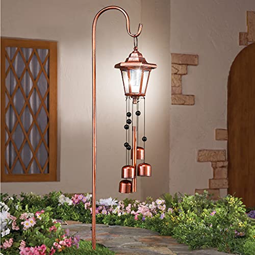 Collections Etc Solar Copper-Colored Lantern on Shepherd's Hook with Bells Wind Chime, Beautiful Light for Entryway or Pathway