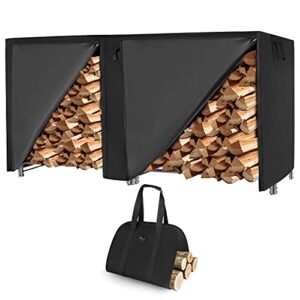 mayoliah 8 ft outdoor indoor firewood log rack with cover and tote bag combo, waterproof wood storage for fire wood stand heavy duty log holders for inside fireplace, black