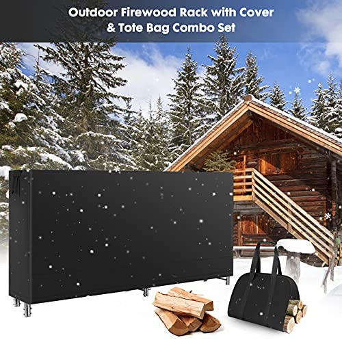 MAYOLIAH 8 Ft Outdoor Indoor Firewood Log Rack with Cover and Tote Bag Combo, Waterproof Wood Storage for Fire Wood Stand Heavy Duty Log Holders for Inside Fireplace, Black