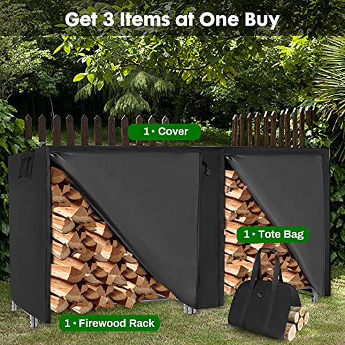 MAYOLIAH 8 Ft Outdoor Indoor Firewood Log Rack with Cover and Tote Bag Combo, Waterproof Wood Storage for Fire Wood Stand Heavy Duty Log Holders for Inside Fireplace, Black