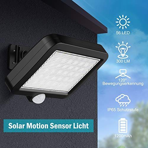 MPJ Solar Light Outdoor, 56 LED Solar Light Outside with Motion Detector, IP65 Waterproof, 120° Lighting Angle, Solar Wall Light for Garden with 16.5ft Cable