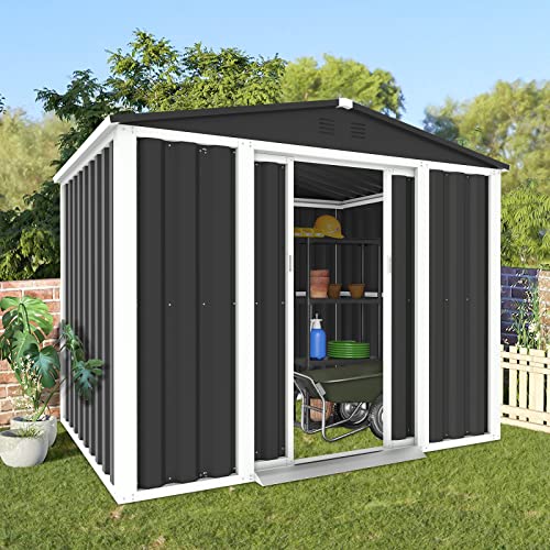 Crownland 4' x 6' Outdoor Garden Storage Shed, Sliding Door Outdoor Lawn Steel Roof Style Sheds with Air Vent for Garden, Lawn, Backyard (Gray)