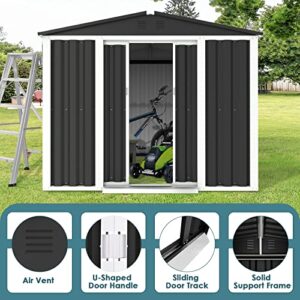 Crownland 4' x 6' Outdoor Garden Storage Shed, Sliding Door Outdoor Lawn Steel Roof Style Sheds with Air Vent for Garden, Lawn, Backyard (Gray)